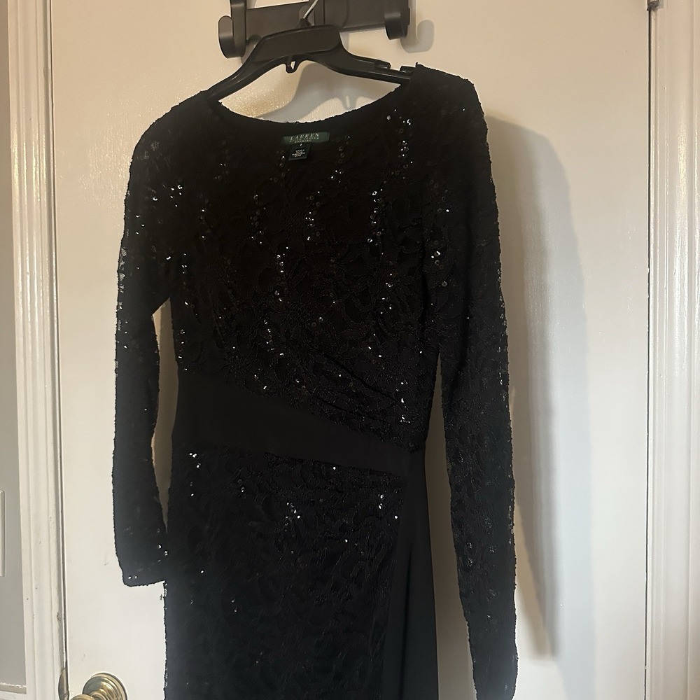 Lauren Ralph Lauren Evening Gown Women's 2 Black Sequin Ruched Slit Formal Party - Picture 2 of 8